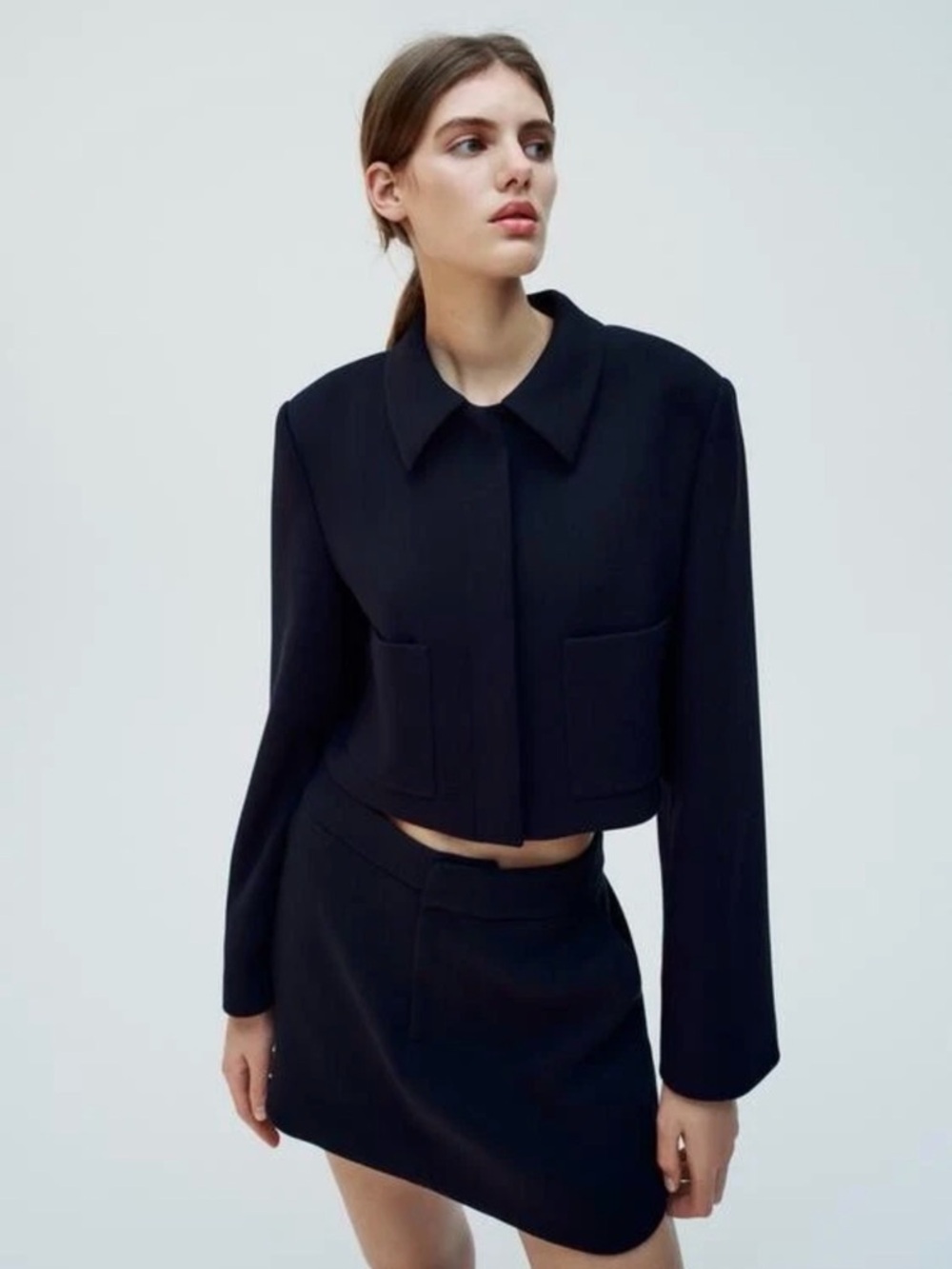 Zara Navy Cropped Blazer with Patch Pockets